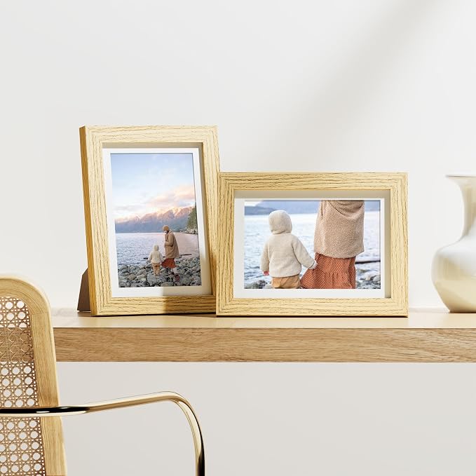 Vittanly 5x7 Picture Frames Set of 9 for Wall or Tabletop Display, OAK | Display Pictures 4x6 with Mat or 5x7 without Mat, Small Photo Frames, Engineered Wood with Shatter Resistant Plexiglass