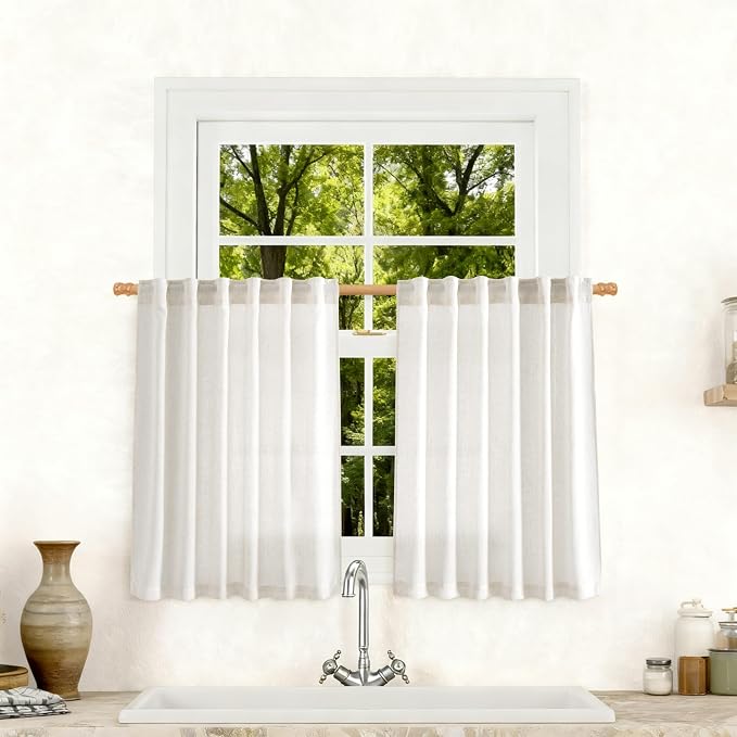Jowels Natural Linen Curtains 42 Inch Long 2 Panels for Living Room | Ivory Light Filtering Sheer Curtain,Back Tab Pocket Pleated Look,Modern Farmhouse Textured Privacy Drapes for Bedroom Window