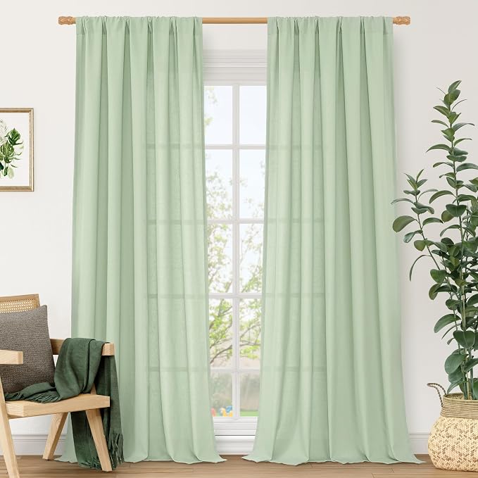 Light Filtering Linen Curtains 84 Inch for Living Room 2 Panels | Semi Sheer, Neutral, Privacy Protected, Boho Drapes for Farmhouse, Sliding Glass Door, Rod Pocket, 52 x 84 Inch, Light Green