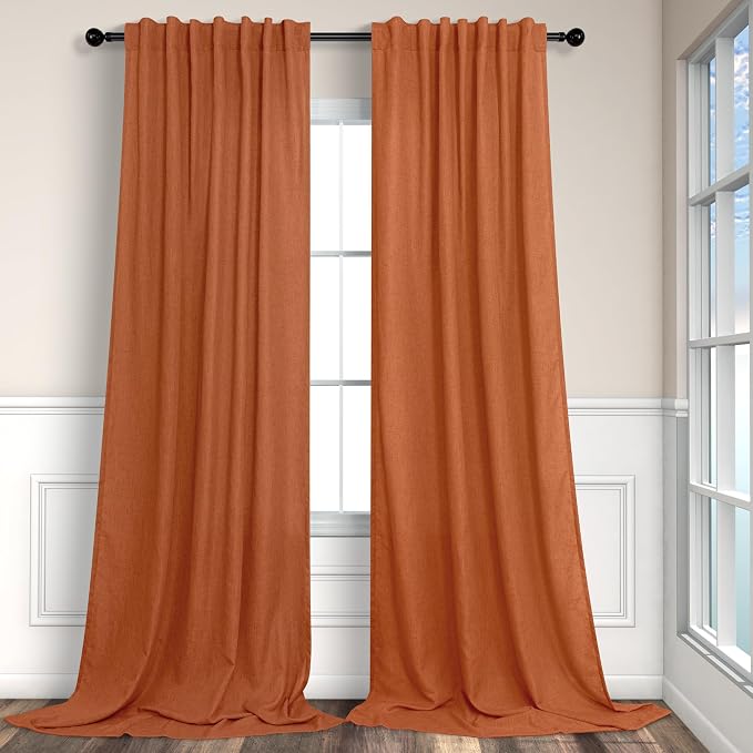 Pitalk 60 Inch Wide Curtains for Living Room 2 Panels Back Tab Pocket Drape Semi Sheer Linen Extra Large Burnt Orange Curtains for Home Office Hotel Flat Family Sunroom 5 FT Width by 9 FT Long 60x108