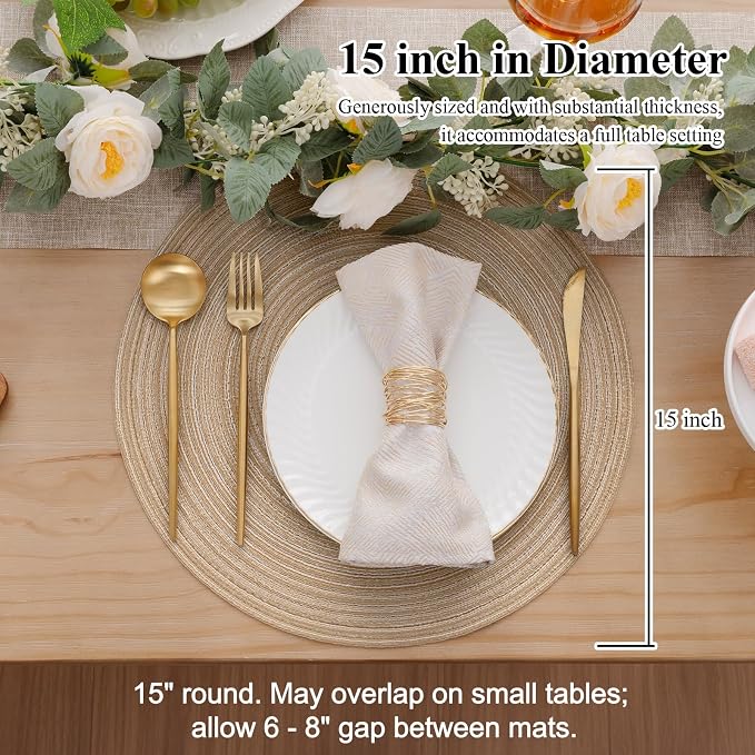 SHACOS 15 inch Round Placemats Set of 6, Cotton Polyester Woven Braided Place Mats, Washable Heat Resistant Circle Table Mats for Dining Table (Beige, 6)