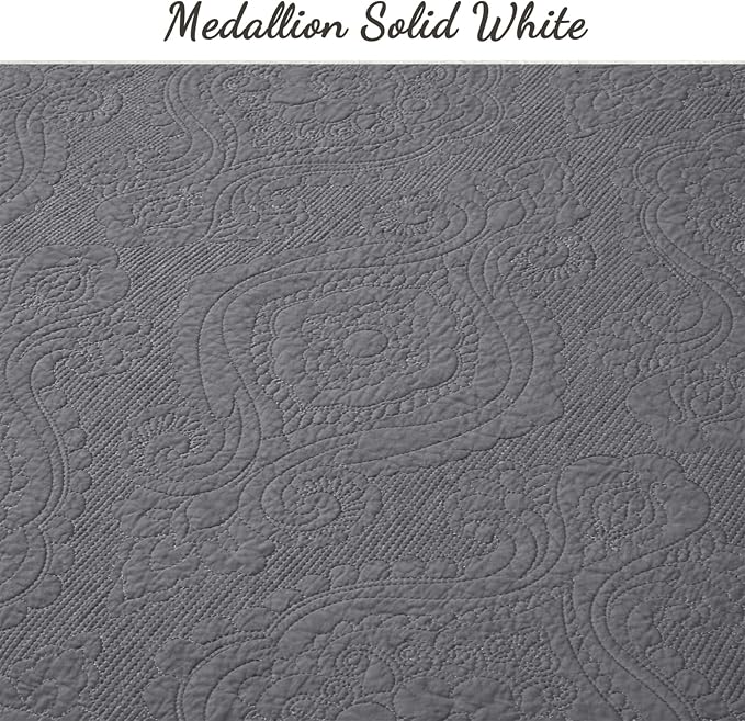 Cozy Line Home Fashions Charcoal Gray Cotton Quilt Set – 3-Piece Solid Textured Quilted Bedspread with Shams, Lightweight All Season Modern Bedding (Medallion - Grey, King - 3 piece)