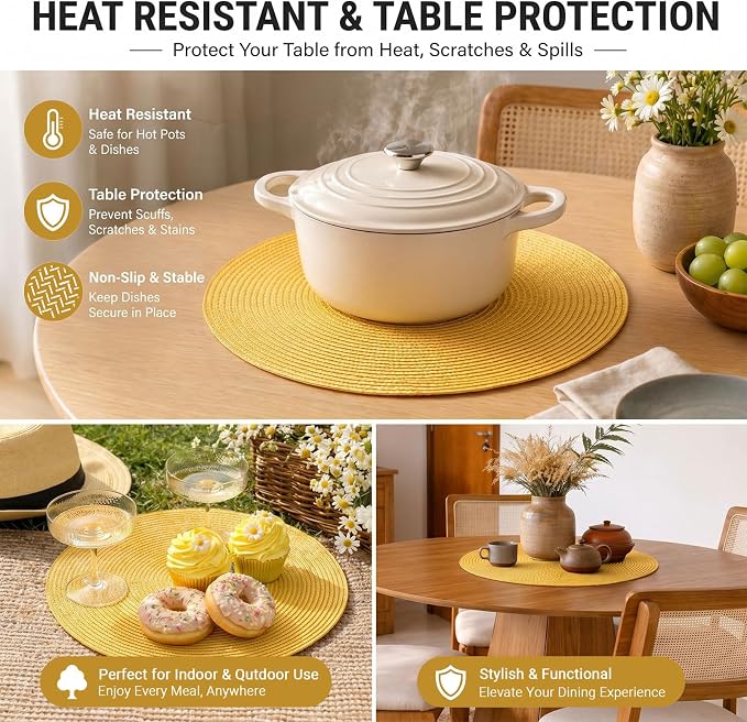 FunWheat Round Braided Placemats Set of 8 Place Mats for Dining Table Woven Washable Non-Slip Table Mats 15 Inch(Yellow,8pcs)