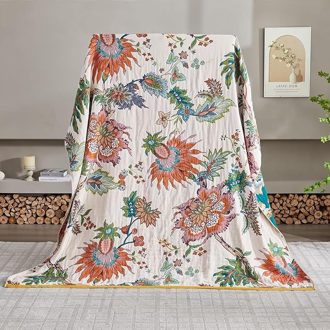 Boho Throw Blanket for Bed 100% Cotton Bohemian Blankets Ultra Soft Woven Muslin Decorative Blankets All Seasons Vintage Quilt Knitted Blanket for Sofa Chair(Beige, 60"x80")