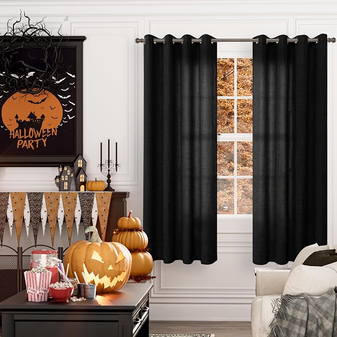YoungsTex Black Linen Semi Sheer Curtains 72 Inches Long for Living Room | Light Filtering Textured Drapes Privacy with Bronze Grommet Halloween Decor for Bedroom Ofiice, 52 x 72 Inch, 2 Panels