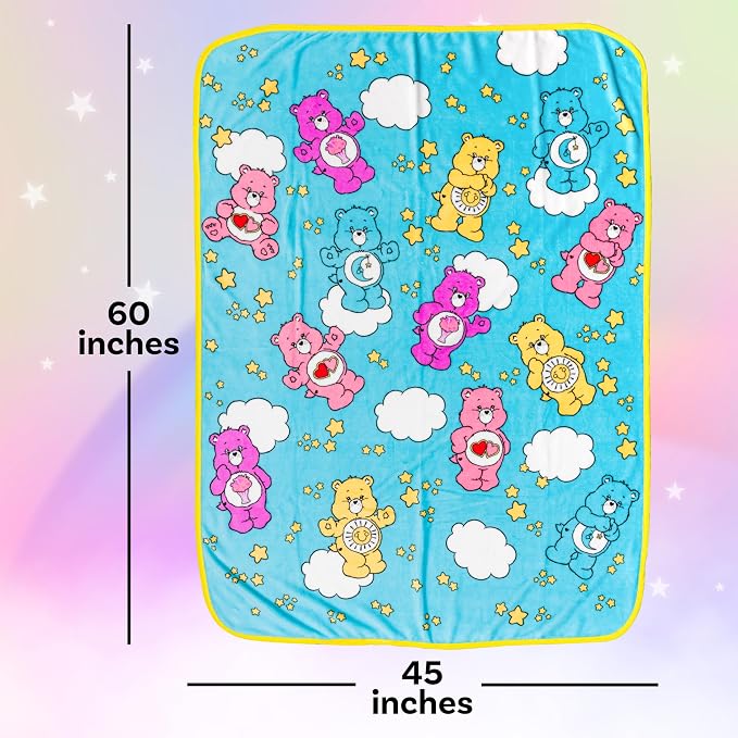 Silver Buffalo Care Bears, Fleece Throw Blanket, 45x60in | Share, Funshine, Bedtime, Love-A-Lot Bear, Soft and Cozy, 180 GSM