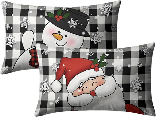 Christmas Santa Lumbar Pillow Covers 12x20 Set of 2 Snowman and Xmas Santa Rectangle Cushion Case Christmas Black Buffalo Plaid Waist Throw Pillowcases for Living Room Bedroom Sofa