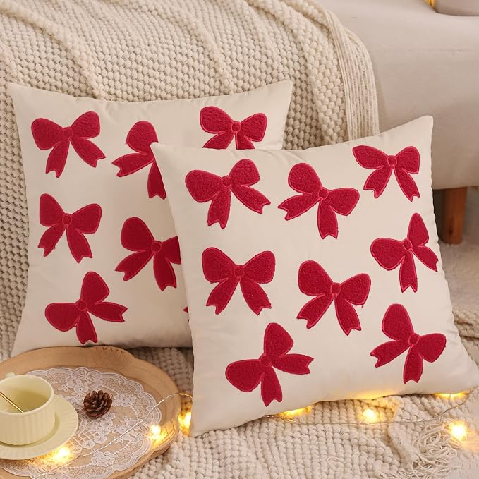 Christmas Throw Pillow Covers 18x18 inch Set of 2 Red Bows