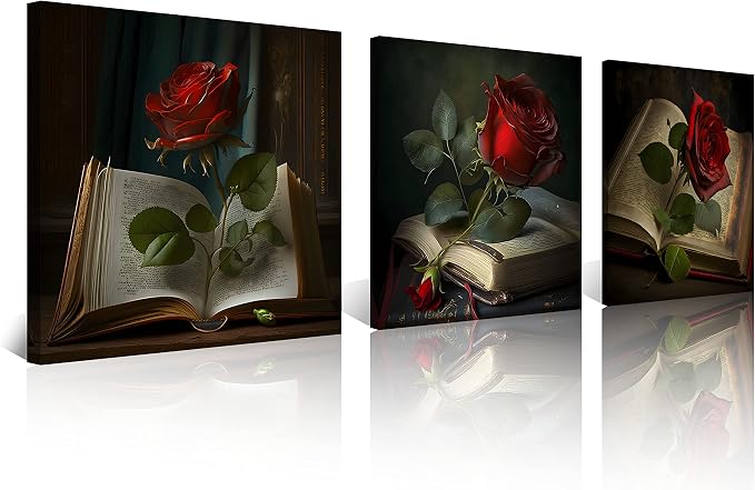 NAN Wind Vintage Red Wall Decor for Living Room Bathroom Accessories Green Leaf Retro Wall Art Red Rose on Books Pictures Bedroom Decor Kitchen Home Decorations 20x20 3 Pcs/Set