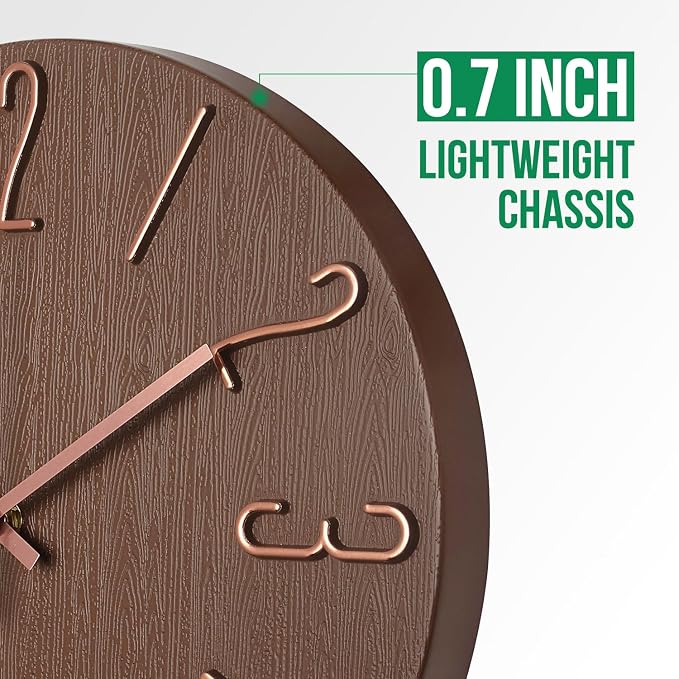 Wall Clock 12 Inch Silent Non-Ticking Imitation Wood Indoor Clock Round Brown Decor Clock Modern 3D Figures Quartz Wall Clocks for Home, Hotel, Office, School
