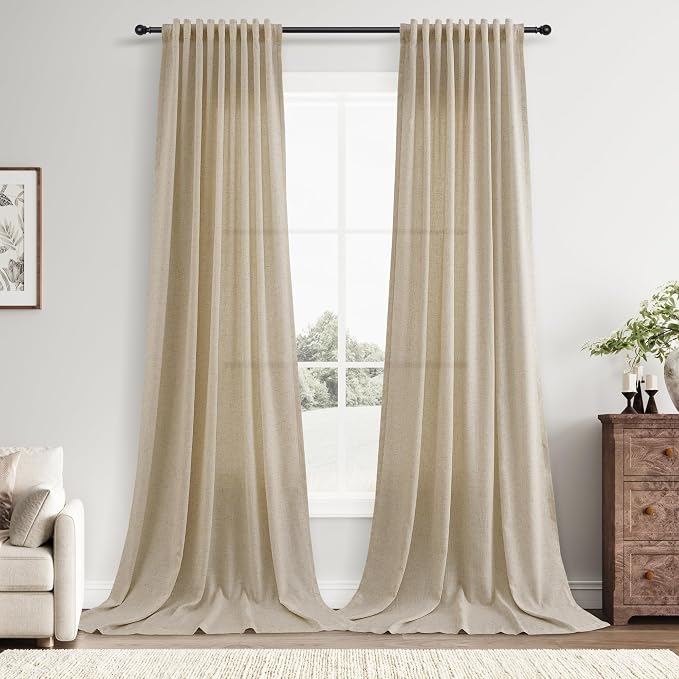 Extra Long Linen Curtains 120 Inches for Living Room Back Tab Semi Sheer High Floor to Ceiling 10ft Light Filtering Curtain Boho Farmhouse Window Drapes for Bedroom 2 Panels Eggshell Beige