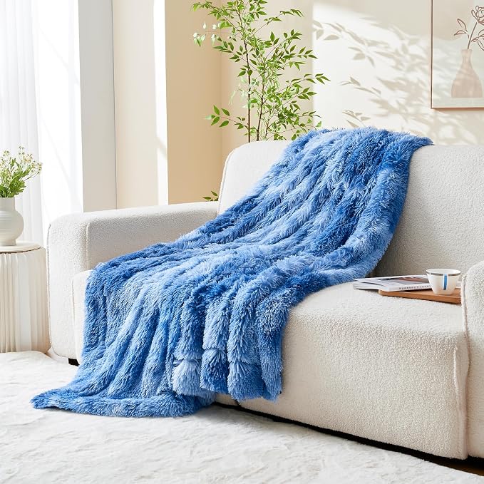 GONAAP Fuzzy Faux Fur Twin Blanket for Couch, Indigo, 60"x80" | Warm Cozy Plush Shaggy Decorative Reversible Thick Non-Heated Fleece Blanket for Sofa Bed, Gift for Women Men, All Season Use