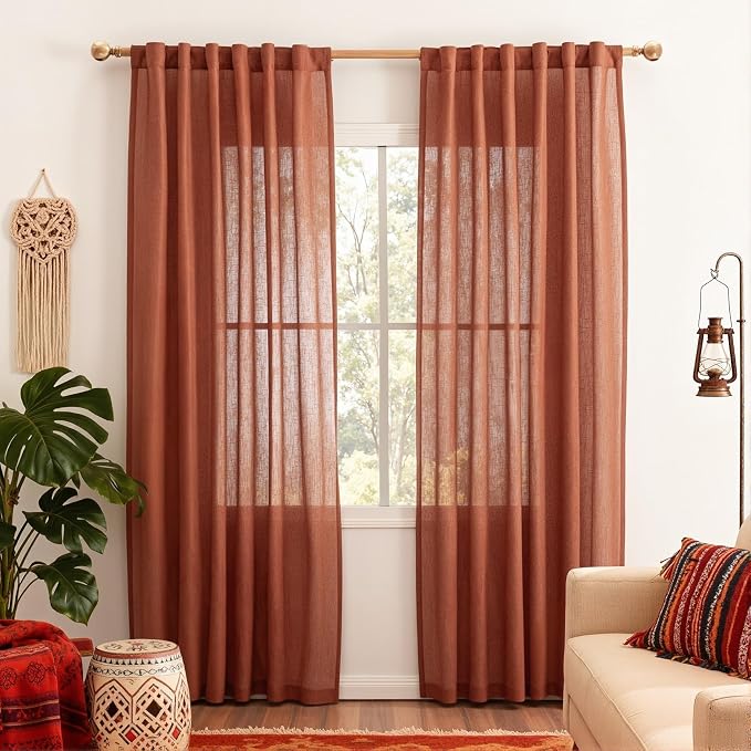 MYSKY HOME Terracotta Curtains for Bedroom Living Room 84 Inches Long Light Filtering Semi Sheer Boho Burnt Orange Curtains Window Drapes Privacy Back Tab Farmhouse Rustic Modern Country, 2 Panels