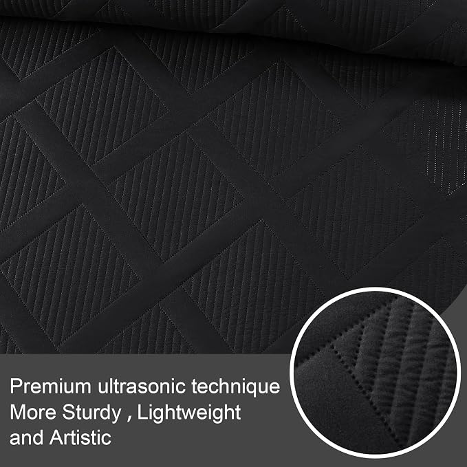 Exclusivo Mezcla Quilts Queen Size, Black | Soft Bedspreads with 2 Pillow Shams, Modern Striped Pattern, Lightweight Bedding Set Coverlets for All Seasons, 90x96 Inch