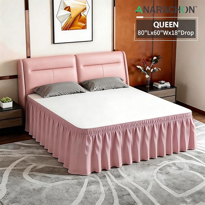 ANARACHON Queen Bed Skirt, Elastic Wrap Around Bed Skirt Queen Size, Bed Skirts for Adjustable Bed, Easy Fit with 18" Drop Length Tailored Drop Dust Ruffle (Pink)