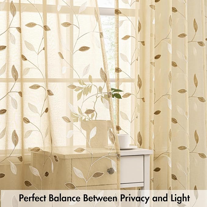 MIULEE Beige Sheer Curtains 2 Panels Embroidered Leaf Patterned, W52 x L45 | Embroidered Floral Semi Sheer,Rod Pocket,Faux Linen,Short Window Curtains Drapes Set for Kitchen/Bathroom/Cafe