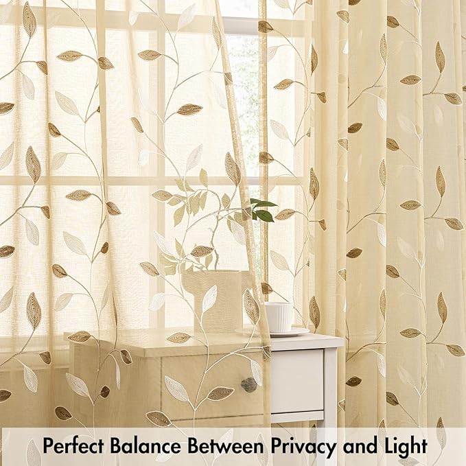 MIULEE Beige Sheer Curtains 2 Panels Embroidered Leaf Patterned, W52 x L63 | Embroidered Floral Semi Sheer,Rod Pocket,Faux Linen,Short Window Curtains Drapes Set for Kitchen/Bathroom/Cafe