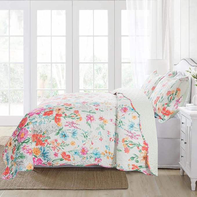 NEWLAKE Quilt Bedspread Sets- Dreamy Flowers Reversible Coverlet Set,Queen Size