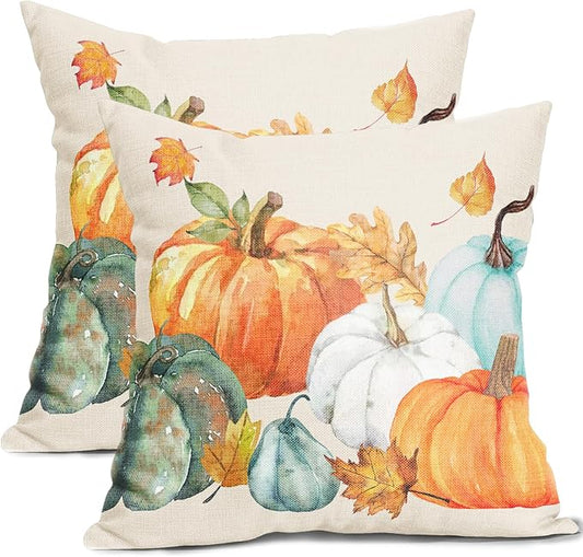 Kawani Fall Pillow Covers 24x24 Set of 2 Watercolor Pumpkin Maple Leaf Throw Pillow Covers Autumn Thanksgiving Farmhouse Outdoor Pillowcases Cotton Linen Cushion Covers for Couch Decor
