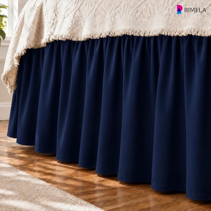 Dorm Room Bed Skirt Twin XL 42" Drop, College Split Corner Bedskirt, Navy | Solid ruffled, Wrap-around/elastic, Wrinkle & Fade resistant, with Adhesive Strips, Gift Packed, Machine Wash/Tumble Dry/Iron