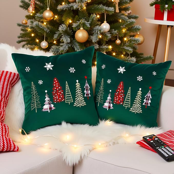 Christmas Throw Pillow Covers 18x18 Set of 2 Xmas Trees with Snowflake Embroidery Pillow Covers Christmas Dec Velvet Pillowcases Forest Green Cushion Pillow Cases Soft Square Holiday Pillowcase