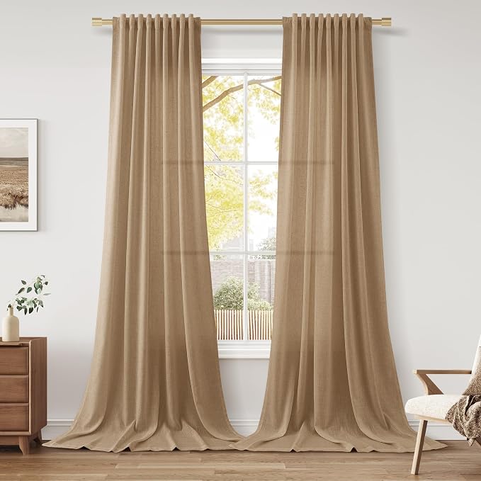 Extra Long Linen Curtains 102 Inches for Living Room Back Tab Semi Sheer Floor to Ceiling Light Filtering Curtain Boho Farmhouse Decor Window Drapes for Bedroom 2 Panels Sand Beige