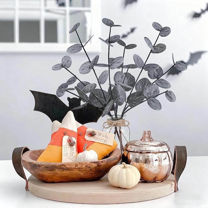 Bessol Artificial Eucalyptus Stems in Glass Vase with Faux Water Halloween Decor, 14” Fake Plants for Home Decor Table Centerpieces Office Bathroom Faux Plants Indoor Black Decorations