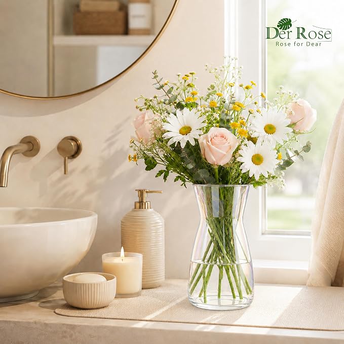 Der Rose 8" Iridescent Flower Vase Small Glass Vase for Entryway Decor Gift | Glossy Rainbow shimmer, translucent sturdy glass, giftable, elegant vase for centerpiece table wedding home decor