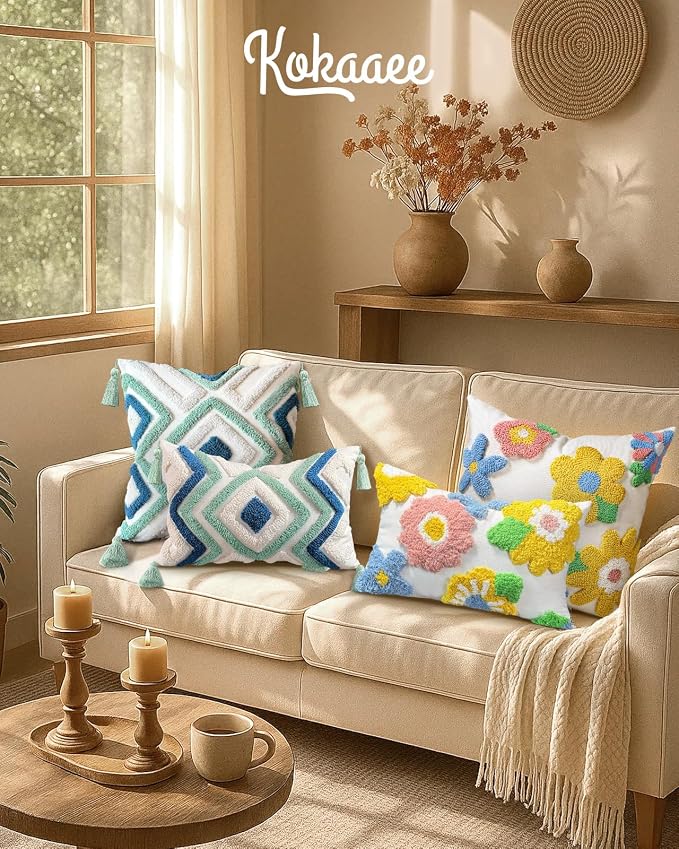 Throw Pillow Covers 18x18 - Tufted Boho Decorative Pillow Cover with Zipper for Couch Sofa Bed Living Room Aesthetic Soft Farmhouse Textured Striped Indoor Pillowcase, Cream Tassel
