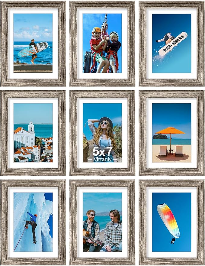 Vittanly 5x7 Picture Frames Set of 9, Wall & Tabletop, Grayish Brown | Display Pictures 4x6 with Mat or 5x7 without Mat, Small Photo Frames, Engineered Wood with Shatter Resistant Plexiglass