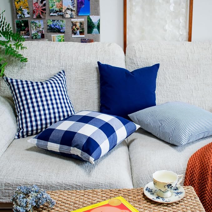 HOPLEE 24x24 Pillow Cover Navy Blue Decorative Pillow Cover with Buffalo Plaid, Solid Navy Blue, Tricking Stripe and Gingham Plaid Design 24x24 Inches Set of 4