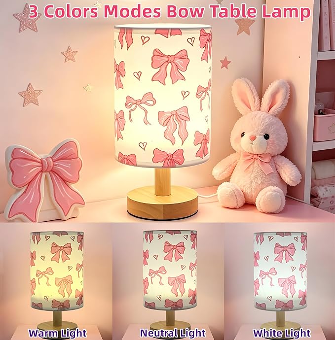 Pink Bow kids Table Lamp Dimmable Small Bedsdie Lamps for Bedroom Decor