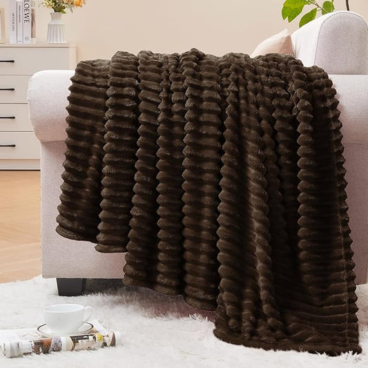 BEDELITE Ribbed Jacquard Dark Brown Fleece Twin Blanket for Bed, 60x80 Inch | Soft Warm Decorative Fluffy Blanket, Cozy Plush Lightweight Fuzzy Throw Blanket for Couch Sofa Room Decor, Gift for Women