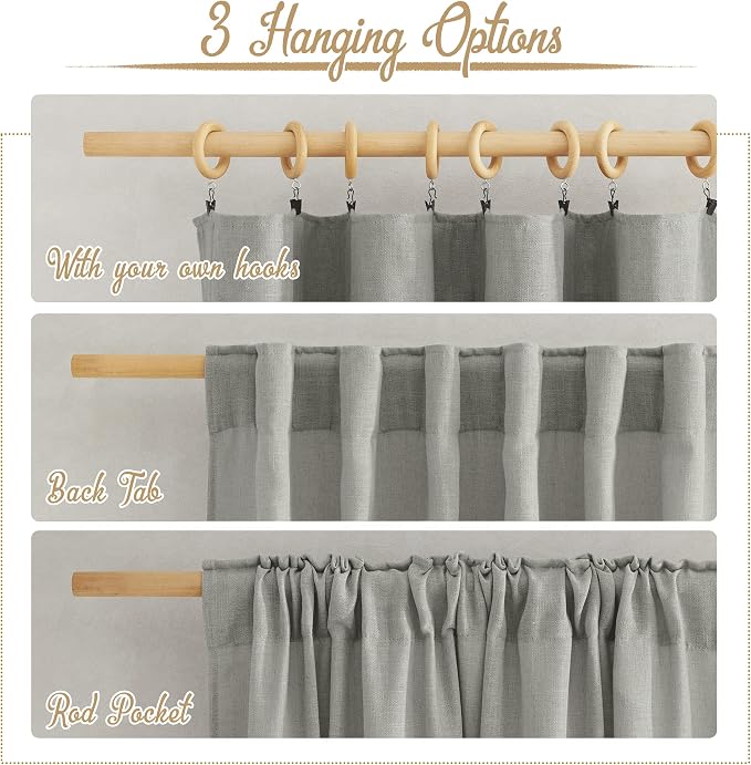 NICETOWN Linen Gray Curtains for Bedroom, Rod Pocket & Back Tab Flax Linen Burlap Semi Sheer Eclectic Window Treatments Privacy with Light Filtering for Boys Room/Living Room, W52 x L95