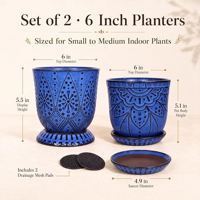 Gepege Ceramic Plant Pots, 6 Inch Indoor Planters with Drainage & Saucers | Ceramic pots for plants with drainage holes, ceramic saucers and mesh pads, ideal for flowers, herbs and succulents, set of 2