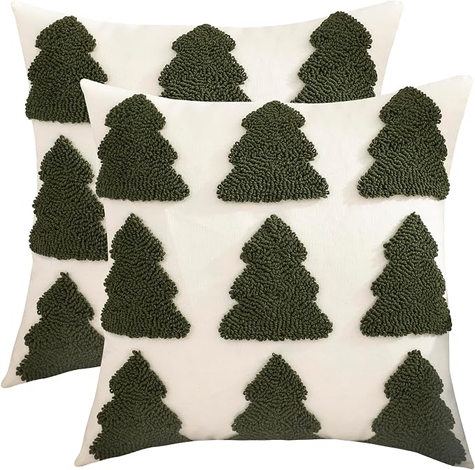 Christmas Throw Pillow Covers 18x18 Set of 2 Dark Green Xmas Tree