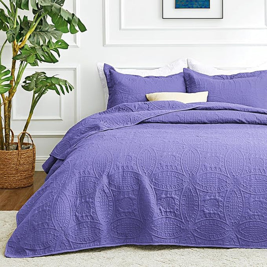 Love's cabin Oversized King Size Quilt Bedding Set Deep Purple Bedspreads - Oversized King Lightweight Bedspread Comforter - Coin Pattern Coverlet for All Season - 3 Pieces (1 Quilt, 2 Pillow Shams)