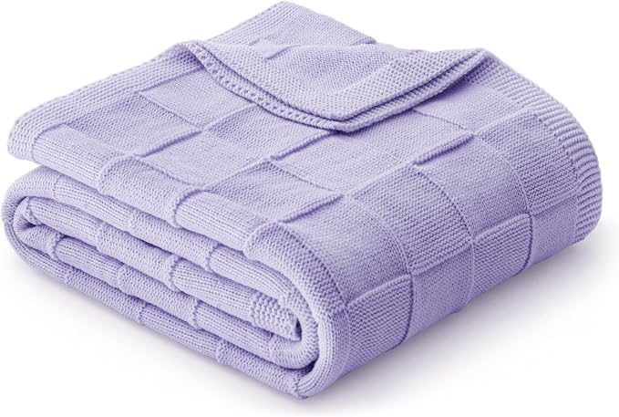 Whale Flotilla Checkered Knit Throw Blanket for Couch, Light Purple | Soft Decorative Knitted Blankets for Couch Sofa Bed, Lightweight Cozy Throws for Spring Summer, 60x80 Inch