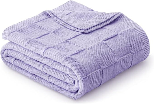 Whale Flotilla Checkered Knit Throw Blanket for Couch, Light Purple | Soft Decorative Knitted Blankets for Couch Sofa Bed, Lightweight Cozy Throws for Spring Summer, 60x80 Inch