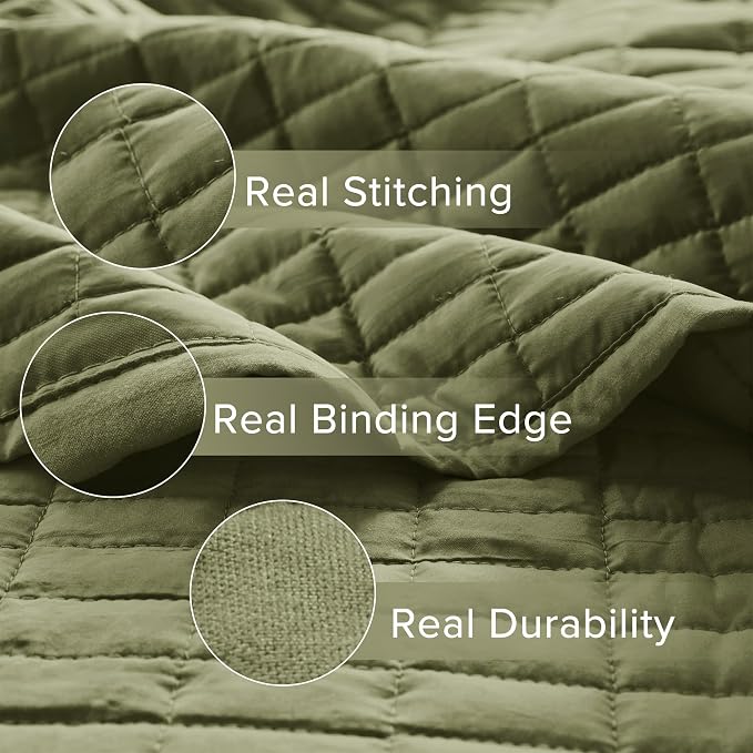 Comfort Spaces Kienna Twin Quilt Bedding Set 2 Piece, 66"x 90" Olive Green | Soft Cozy Lightweight Summer Twin XL Coverlet for College Dorm, Quilted Extra Layer, Modern Casual Bedroom Decor, OEKO-TEX