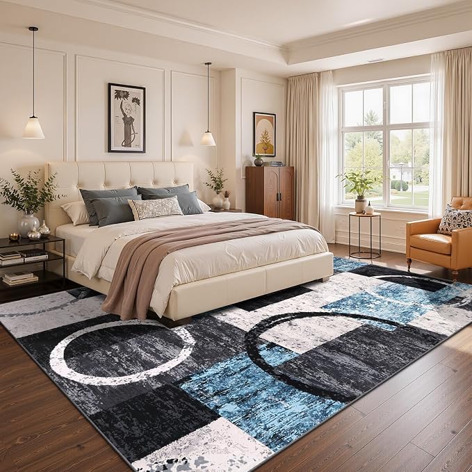 Yamaziot 9x12 Washable Modern Abstract Area Rug Non-Slip Living Room Rug | Stain Resistant, Low Pile, Ultra Soft Carpet Rug with Rubber Backing for Dining Room, Nursery, Bedroom, Office, Blue