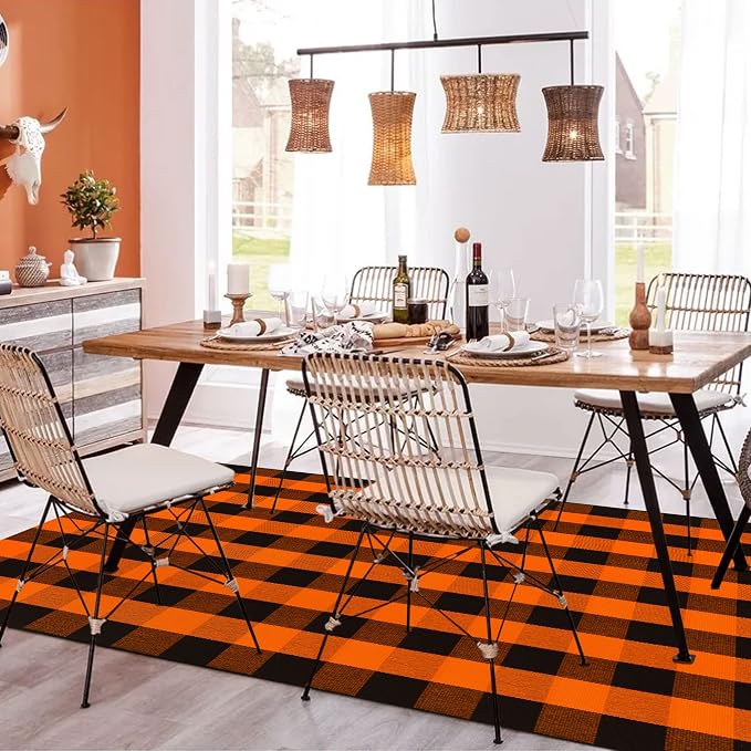 SEEKSEE Buffalo Plaid Rug 4' x 6' Orange and Black Large Front Door Mat, Layering Area Rug, Halloween Rug for Outdoor Patio Entryway Indoor Living Room Kitchen Dining Room Decor
