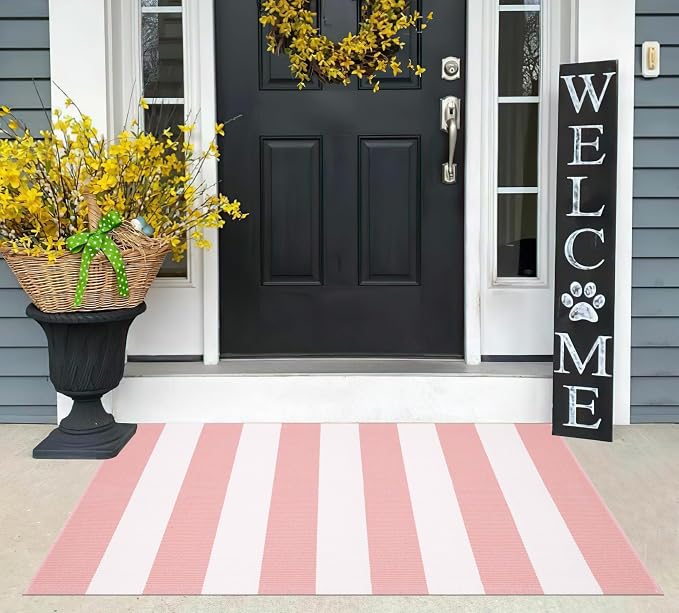 Pink White Striped Rug -2.3'x3.6' Front Door Rugs Outdoor, Small Washable Area Rug for Front Porch, Spring Summer Welcome Mats Outdoor Indoor, Doormat for Entryway Porch Entrance