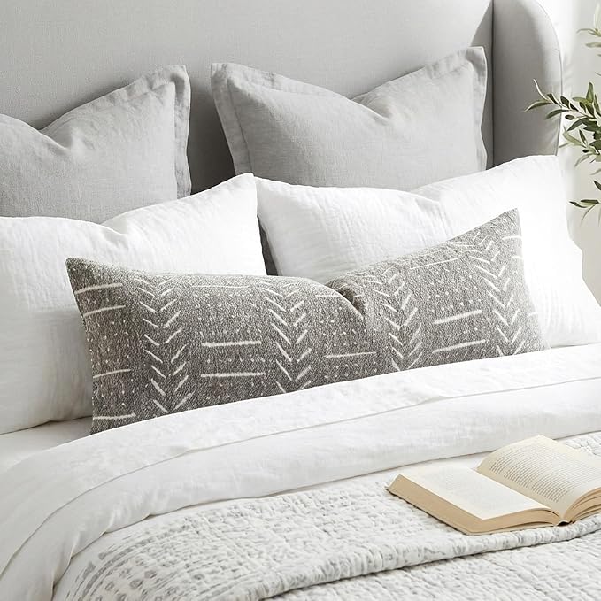BlissBlush Decorative Long Lumbar Pillow Cover 14x36 for Bed, Light Gray Soft Woven Chenille Accent Pillow Cover for Bedroom Couch Sofa, Textured Farmhouse Boho Cushion Cover