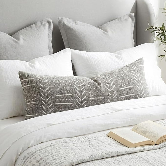 BlissBlush Decorative Long Lumbar Pillow Cover 14x36 for Bed, Light Gray Soft Woven Chenille Accent Pillow Cover for Bedroom Couch Sofa, Textured Farmhouse Boho Cushion Cover