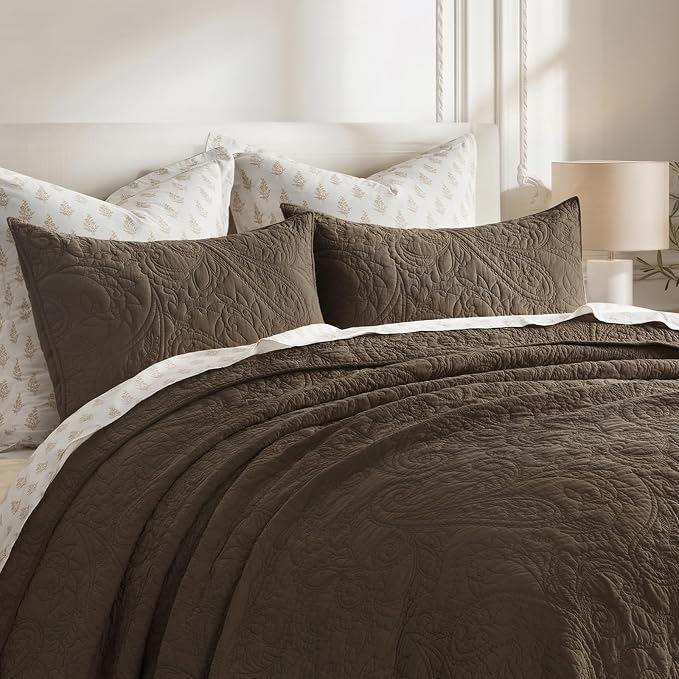 EVERGRACEHOME 100% Cotton Paisley Quilt Set, King Size, Cocoa Brown | Prewashed for Softness, Year-Round Breathability, Gift-Ready Box, Matelasse-style Quilted Coverlet, 3 Piece Set with 2 Shams