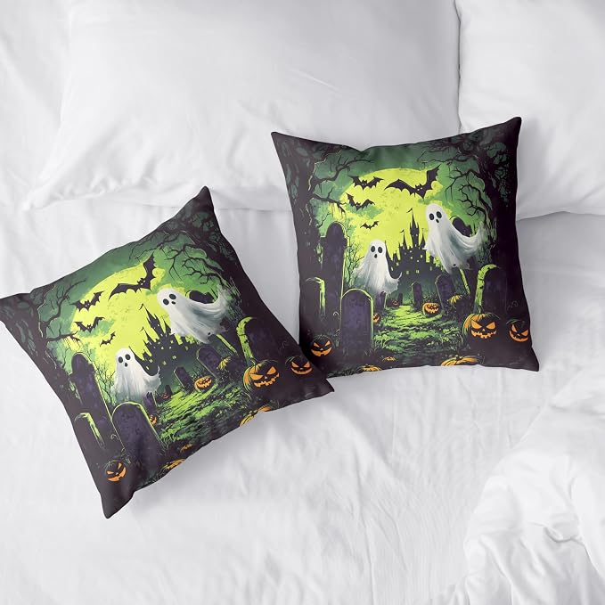 2 Pack Halloween Pillow Covers 22x22 Graveyard Ghost Throw Pillow Covers Horror Spooky Green Full Moon Night Pillow Case Bat Pumpkin Cushion Case for Holiday Party Decor Couch Sofa