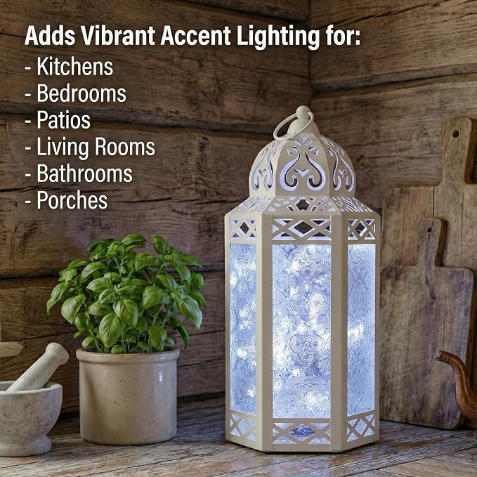 Vela Lanterns Decorative Indoor White Fairy Light Wedding Candle Holder, L | Fantasy Moroccan Decor, Ramadan & Eid Table Centerpieces, Metal Hanging Flameless LED Lamp, Outdoor Porch Patio, 12" Tall