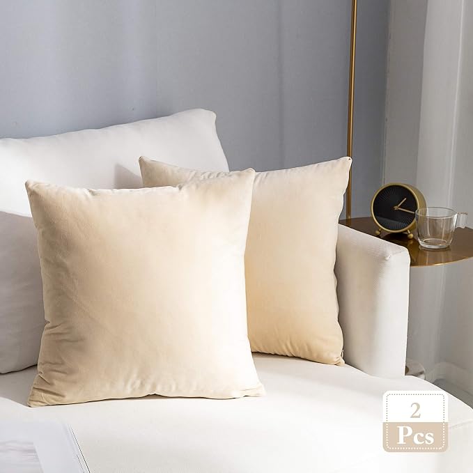 Stellhome Super Soft Velvet Throw Pillow Covers Square Pillowcase for Bed Couch Sofa Bench, 18 x 18 inch (45 cm), Beige, Pack of 2