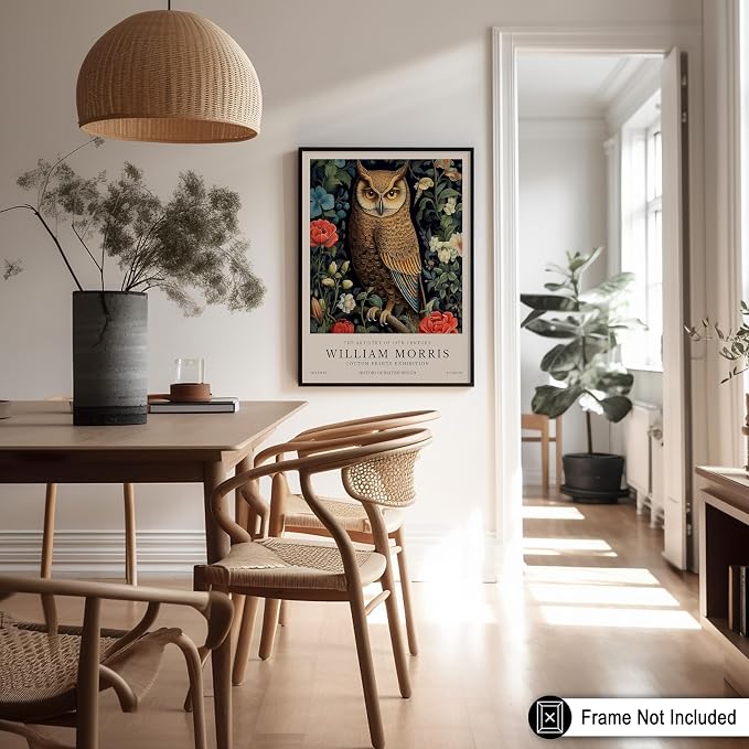 Monem Art William Morris Poster - Owl and Flowers Print - Bird Art - Botanical Artwork - Animal Exhibition Illustration - Floral Design - Aesthetic Creation - Bedroom or Office Decor - 8x10 UNFRAMED Wall Print